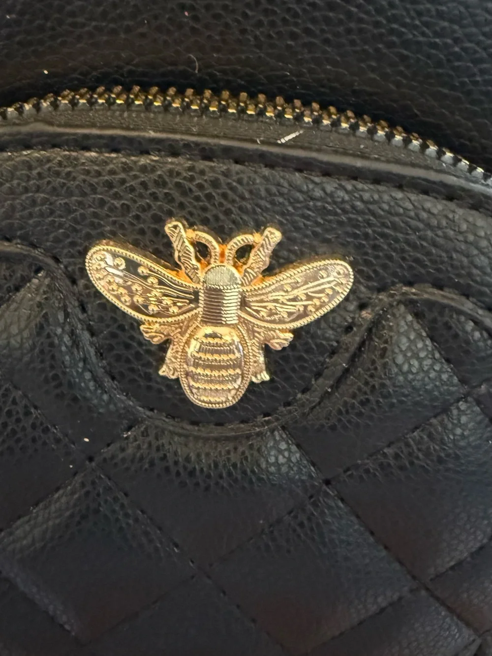 Black Quilted Sling Crossbody Bag‎ with Gold Bee Emblem